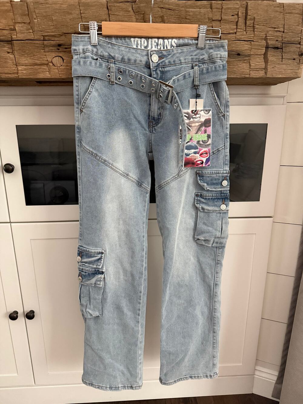 VIP Jeans Light Wash Belted Cargo Jeans Sz 9/10 NWT Y2K Streetwear Straight